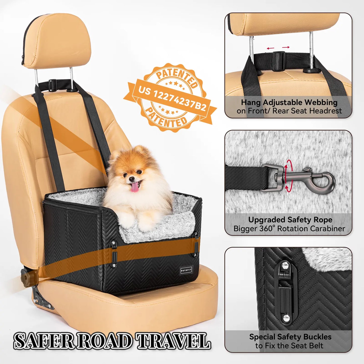 PETSFIT Waterproof PU Leather Small Dog Car Seat with Patent-Pending Safety Buckles and Clip-On Leash for Pets up to 25 lbs