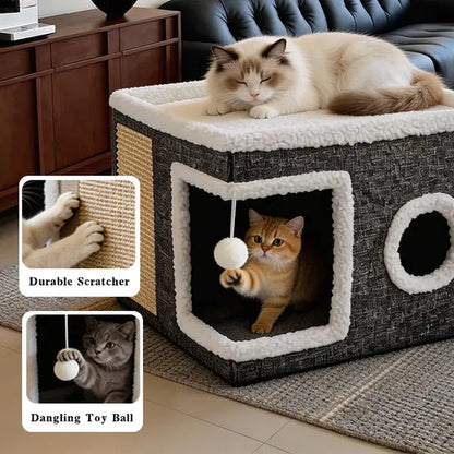 Large Indoor Cat Bed with Foldable Design, Soft Cat Cave Hideaway for Kittens and Adult Cats, Includes Sisal Scratch Pad and Hanging Fluffy Ball, 16.5" x 16.5" x 14", Grey