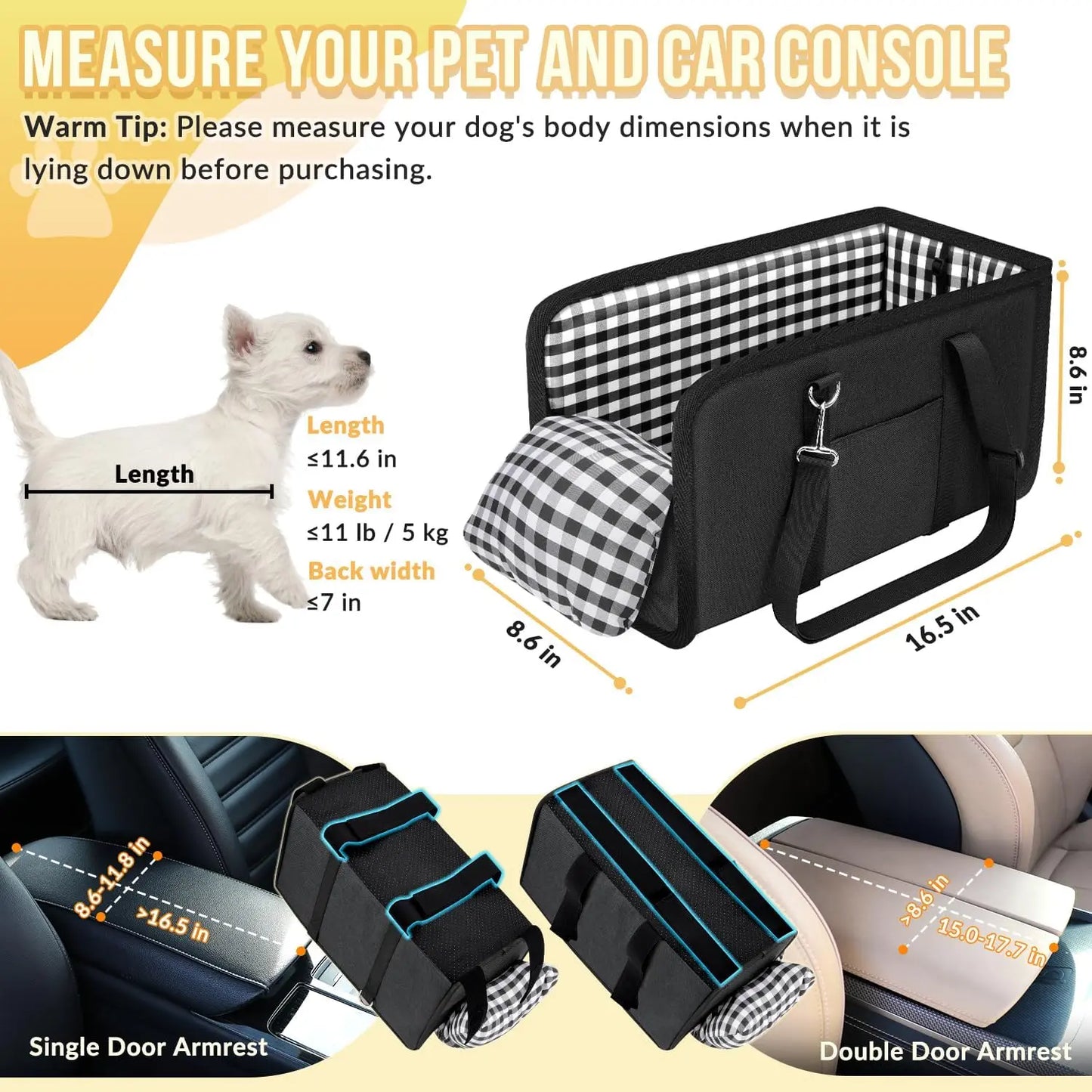 Anti-Anxiety Dog Console Car Seat with Safety Leash - Comfortable Plaid Booster Bed for Small Breeds, Washable Travel Carrier for Chihuahuas and Yorkies