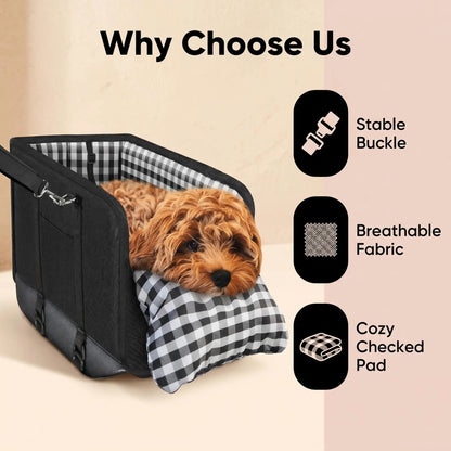 Anti-Anxiety Dog Console Car Seat with Safety Leash - Comfortable Plaid Booster Bed for Small Breeds, Washable Travel Carrier for Chihuahuas and Yorkies