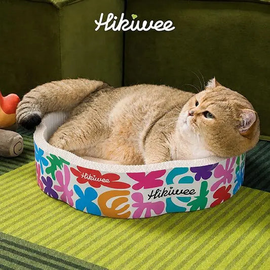 Hikiwee Original Design Scratch-Resistant Cat Bed - Available in Leopard Print, Art Deco, Mint Chocolate, and Floral Styles - Made from Non-Toxic, Odor-Free, High-Density Wood Pulp Corrugated Cardboard, Individually Sealed for Safe Comfort and Guaranteed Freshness