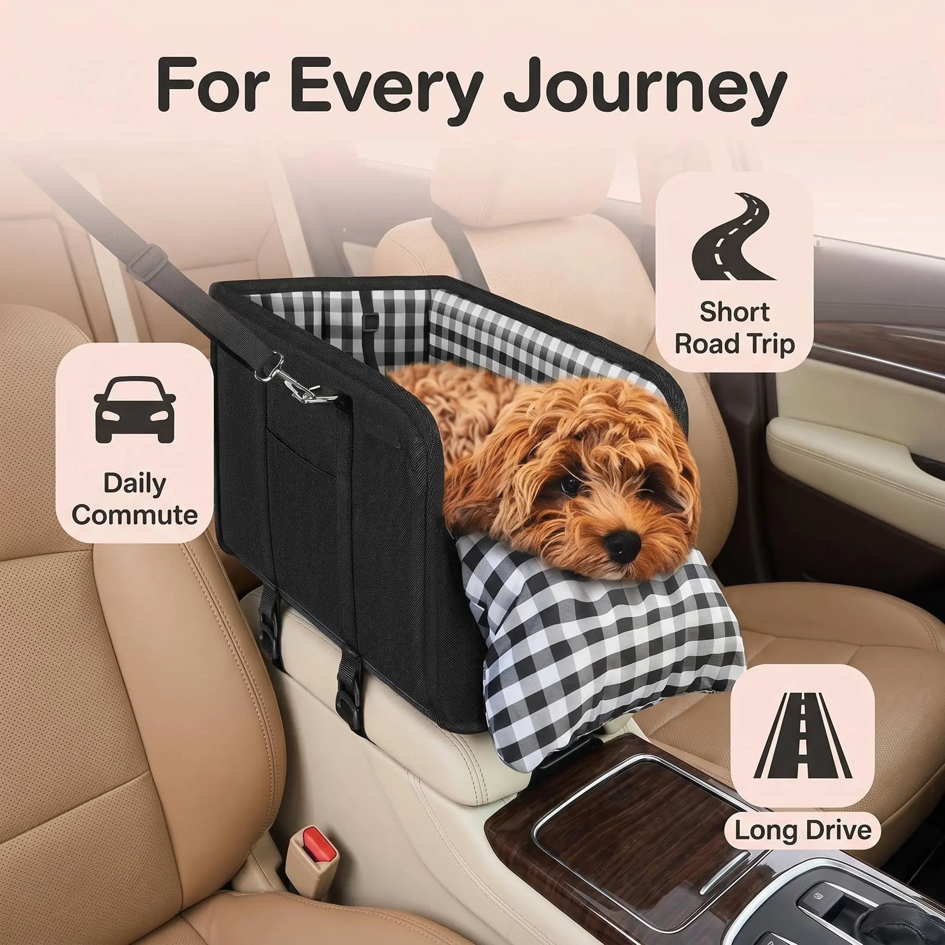 Anti-Anxiety Dog Console Car Seat with Safety Leash - Comfortable Plaid Booster Bed for Small Breeds, Washable Travel Carrier for Chihuahuas and Yorkies