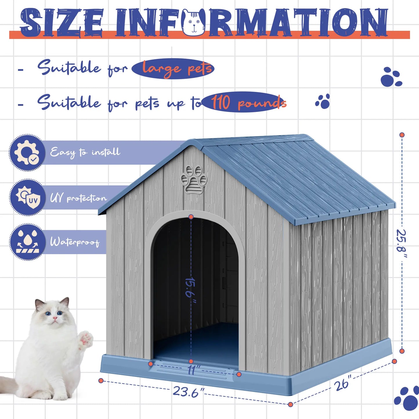 Durable Waterproof Plastic Dog House for Small to Large Dogs - Indoor/Outdoor Use with Elevated Floor, UV Resistance, Air Vents, Drainage Holes, Ground Nails, and Easy Assembly and Cleaning