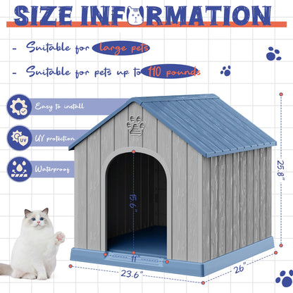 Durable Waterproof Plastic Dog House for Small to Large Dogs - Indoor/Outdoor Use with Elevated Floor, UV Resistance, Air Vents, Drainage Holes, Ground Nails, and Easy Assembly and Cleaning