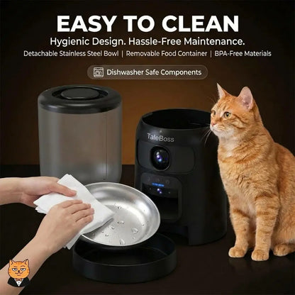 Taleboss 5L Smart Wi-Fi Automatic Pet Food Dispenser with Dual HD Cameras, 130° Wide Angle, Night Vision, Icam365 App Control, Two-Way Audio, Interactive Feeding Tray, Play Teaser Toy, and Training Accessories for Indoor Cats
