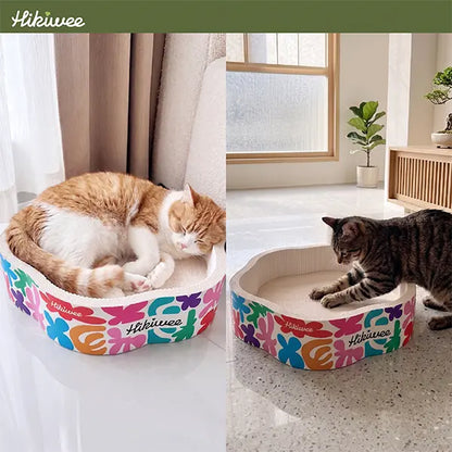Hikiwee Original Design Scratch-Resistant Cat Bed - Available in Leopard Print, Art Deco, Mint Chocolate, and Floral Styles - Made from Non-Toxic, Odor-Free, High-Density Wood Pulp Corrugated Cardboard, Individually Sealed for Safe Comfort and Guaranteed Freshness