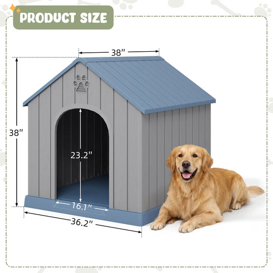 Durable Waterproof Plastic Dog House for Small to Large Dogs - Indoor/Outdoor Use with Elevated Floor, UV Resistance, Air Vents, Drainage Holes, Ground Nails, and Easy Assembly and Cleaning