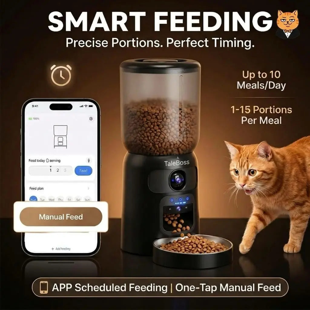 Taleboss 5L Smart Wi-Fi Automatic Pet Food Dispenser with Dual HD Cameras, 130° Wide Angle, Night Vision, Icam365 App Control, Two-Way Audio, Interactive Feeding Tray, Play Teaser Toy, and Training Accessories for Indoor Cats
