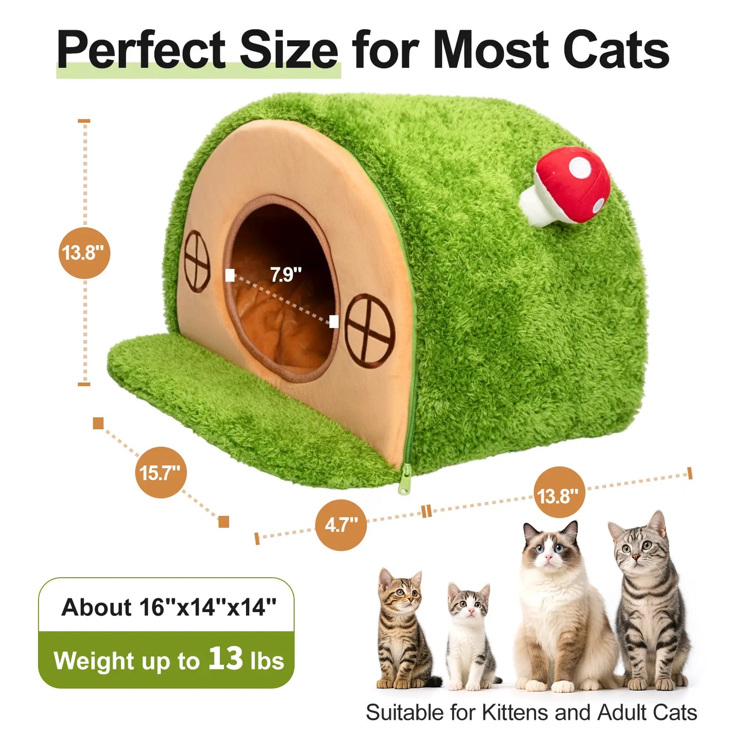 Crystal Velvet Enclosed Cat Bed with Removable Washable Cushion and Non-Slip Base for Indoor Cats