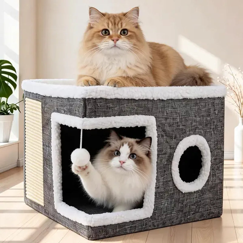 Large Indoor Cat Bed with Foldable Design, Soft Cat Cave Hideaway for Kittens and Adult Cats, Includes Sisal Scratch Pad and Hanging Fluffy Ball, 16.5" x 16.5" x 14", Grey