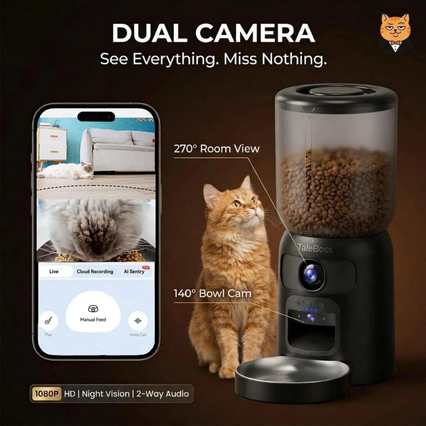 Taleboss 5L Smart Wi-Fi Automatic Pet Food Dispenser with Dual HD Cameras, 130° Wide Angle, Night Vision, Icam365 App Control, Two-Way Audio, Interactive Feeding Tray, Play Teaser Toy, and Training Accessories for Indoor Cats