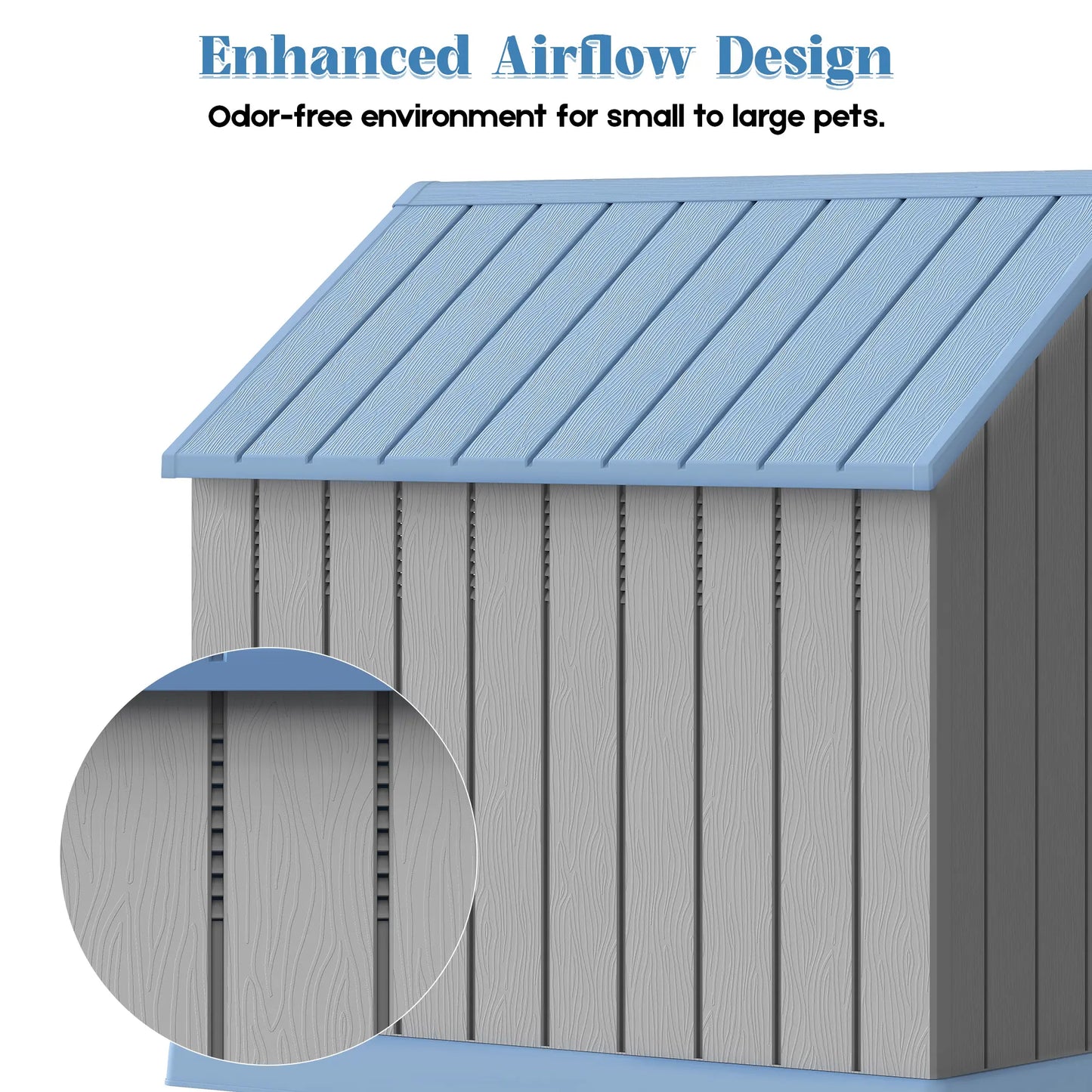 Durable Waterproof Plastic Dog House for Small to Large Dogs - Indoor/Outdoor Use with Elevated Floor, UV Resistance, Air Vents, Drainage Holes, Ground Nails, and Easy Assembly and Cleaning