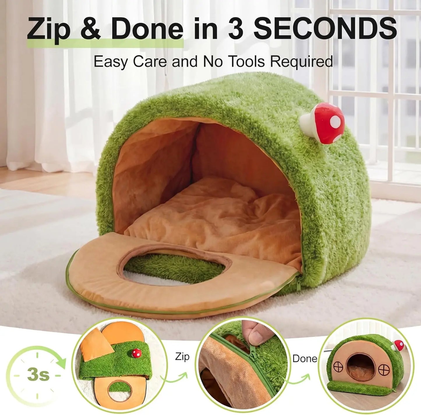 Crystal Velvet Enclosed Cat Bed with Removable Washable Cushion and Non-Slip Base for Indoor Cats