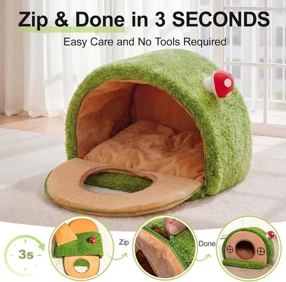 Crystal Velvet Enclosed Cat Bed with Removable Washable Cushion and Non-Slip Base for Indoor Cats