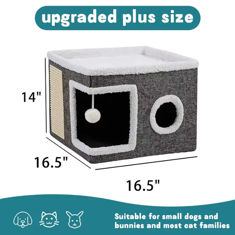 Large Indoor Cat Bed with Foldable Design, Soft Cat Cave Hideaway for Kittens and Adult Cats, Includes Sisal Scratch Pad and Hanging Fluffy Ball, 16.5" x 16.5" x 14", Grey