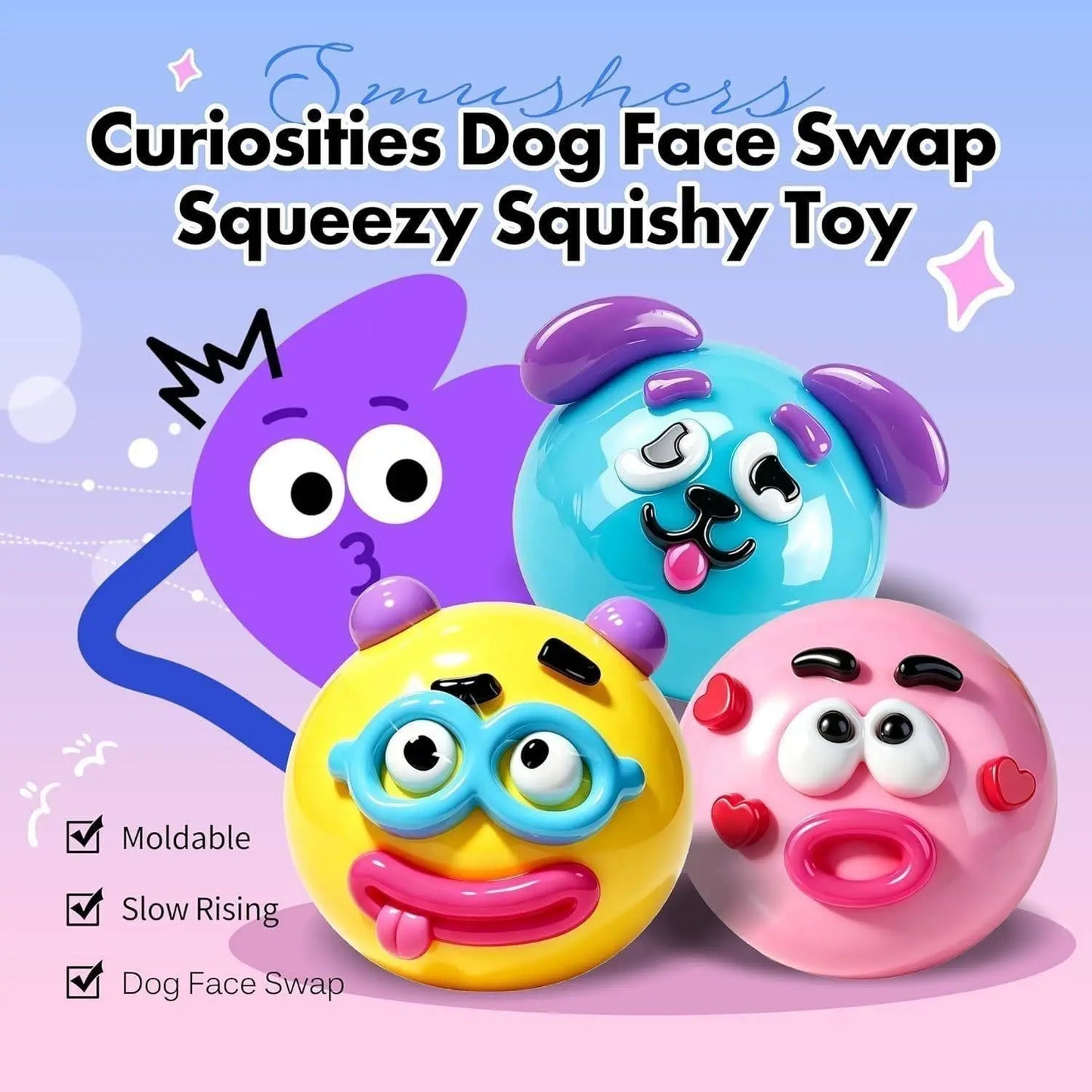 Smushers Interchangeable Squishy Dog Face, Soft Moldable Slow-Rise Sensory Fidget Toy for Anxiety Relief and Tactile Play
