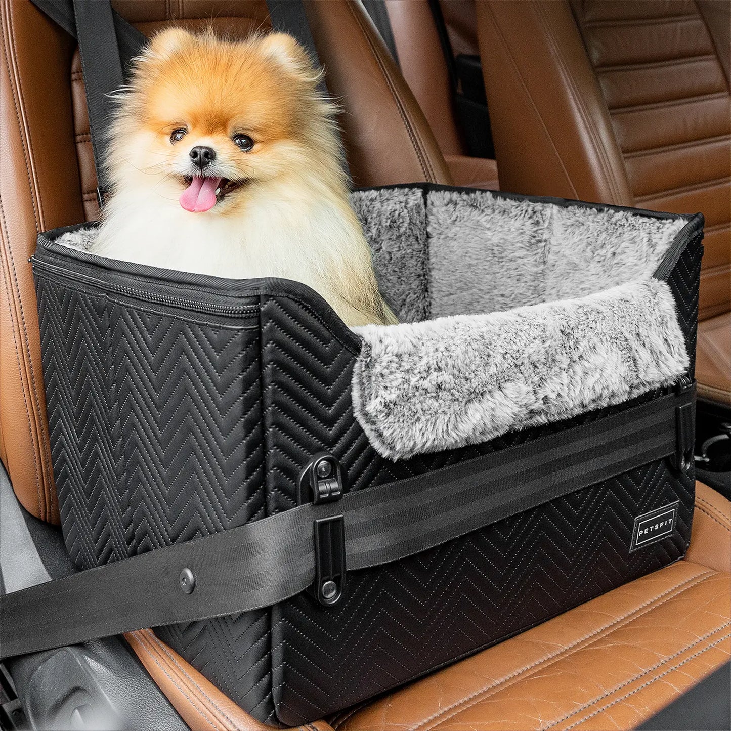 PETSFIT Waterproof PU Leather Small Dog Car Seat with Patent-Pending Safety Buckles and Clip-On Leash for Pets up to 25 lbs