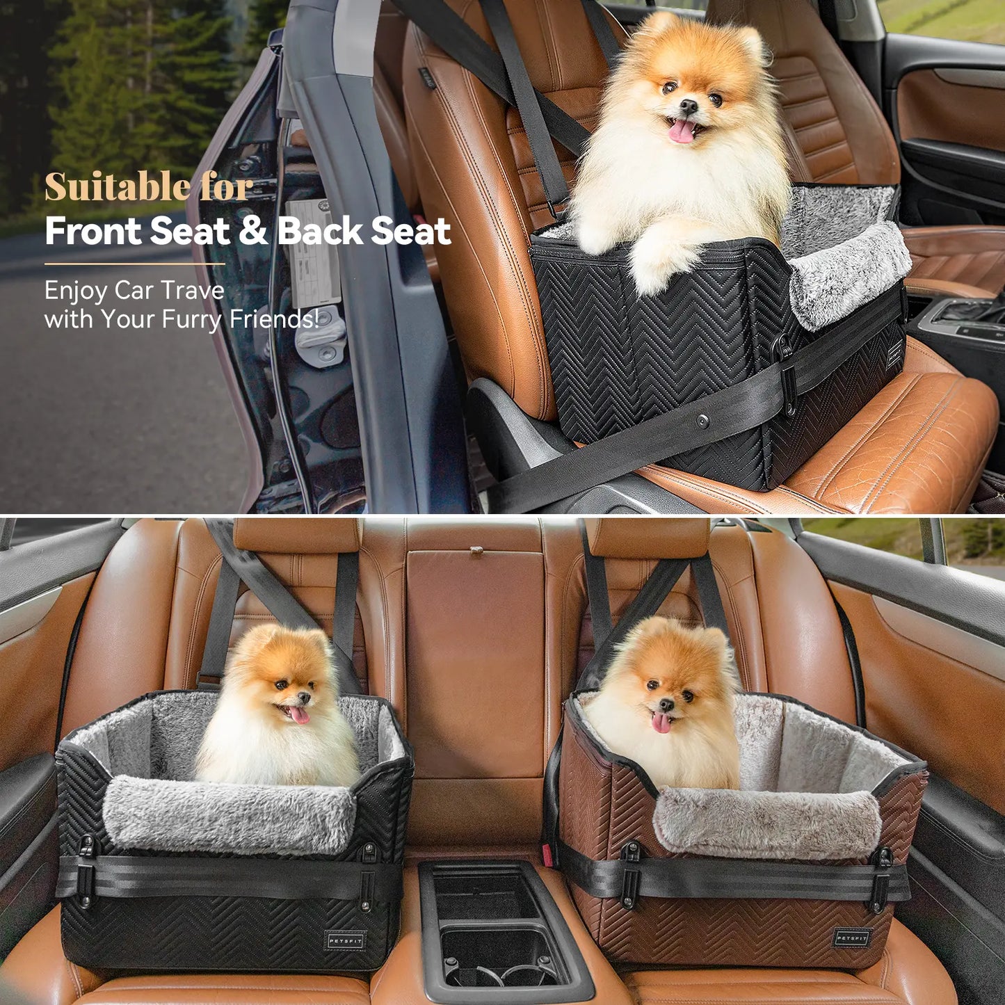 PETSFIT Waterproof PU Leather Small Dog Car Seat with Patent-Pending Safety Buckles and Clip-On Leash for Pets up to 25 lbs