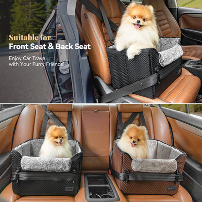 PETSFIT Waterproof PU Leather Small Dog Car Seat with Patent-Pending Safety Buckles and Clip-On Leash for Pets up to 25 lbs