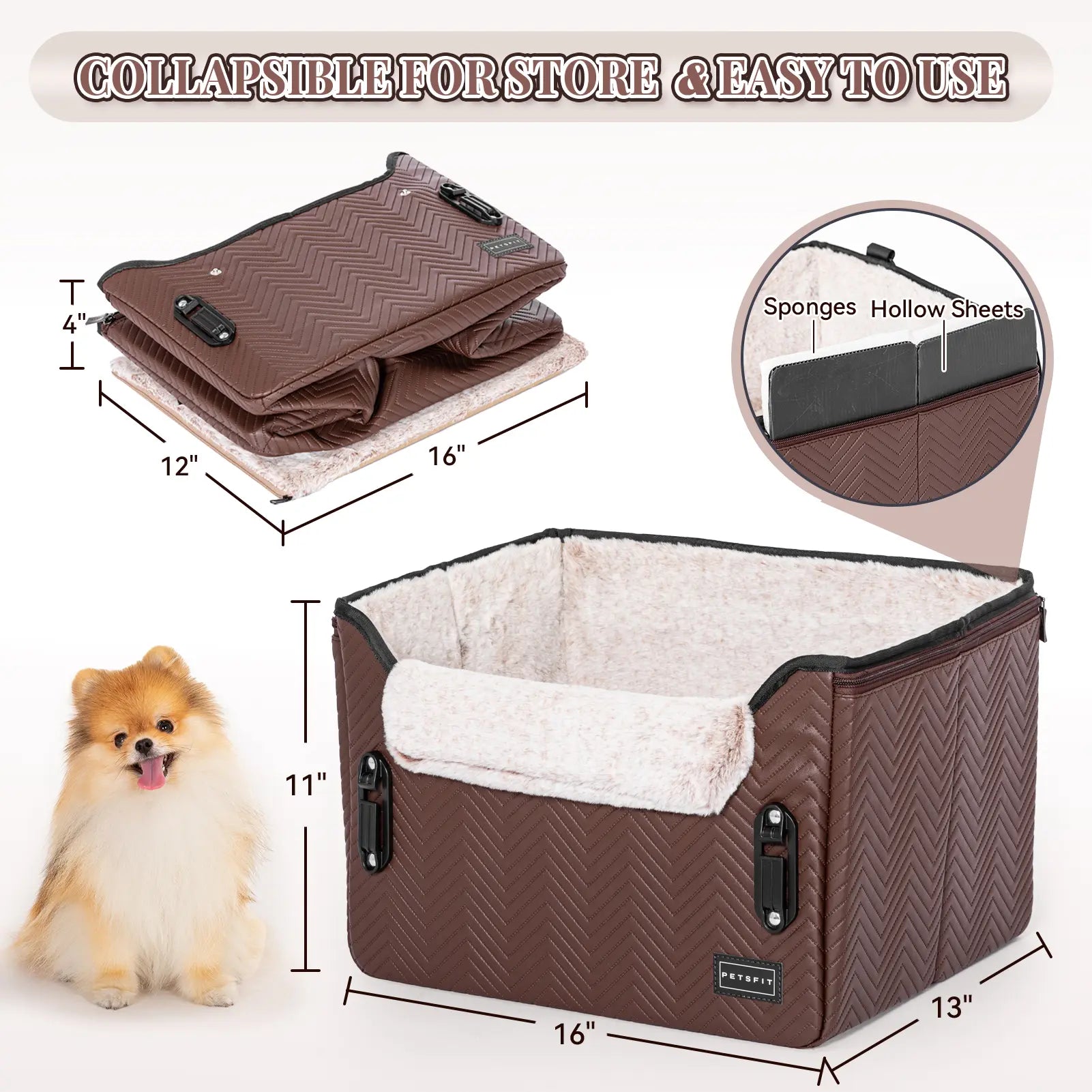 PETSFIT Waterproof PU Leather Small Dog Car Seat with Patent-Pending Safety Buckles and Clip-On Leash for Pets up to 25 lbs