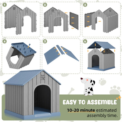 Durable Waterproof Plastic Dog House for Small to Large Dogs - Indoor/Outdoor Use with Elevated Floor, UV Resistance, Air Vents, Drainage Holes, Ground Nails, and Easy Assembly and Cleaning