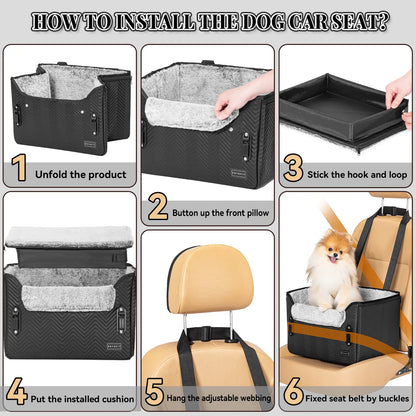 PETSFIT Waterproof PU Leather Small Dog Car Seat with Patent-Pending Safety Buckles and Clip-On Leash for Pets up to 25 lbs
