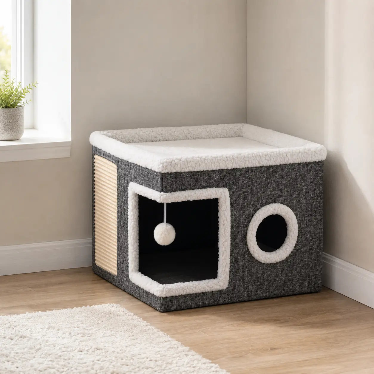 Large Indoor Cat Bed with Foldable Design, Soft Cat Cave Hideaway for Kittens and Adult Cats, Includes Sisal Scratch Pad and Hanging Fluffy Ball, 16.5" x 16.5" x 14", Grey