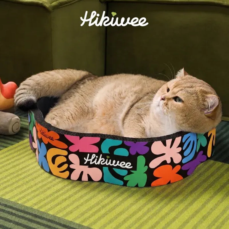 Hikiwee Original Design Scratch-Resistant Cat Bed - Available in Leopard Print, Art Deco, Mint Chocolate, and Floral Styles - Made from Non-Toxic, Odor-Free, High-Density Wood Pulp Corrugated Cardboard, Individually Sealed for Safe Comfort and Guaranteed Freshness