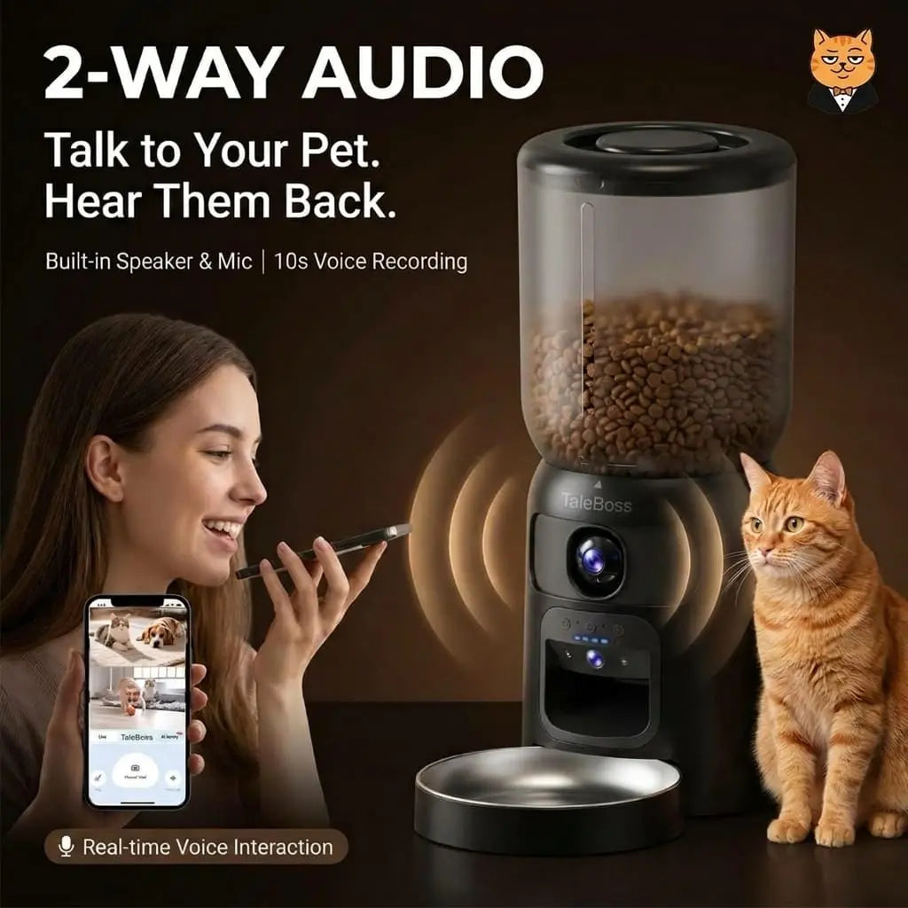 Taleboss 5L Smart Wi-Fi Automatic Pet Food Dispenser with Dual HD Cameras, 130° Wide Angle, Night Vision, Icam365 App Control, Two-Way Audio, Interactive Feeding Tray, Play Teaser Toy, and Training Accessories for Indoor Cats