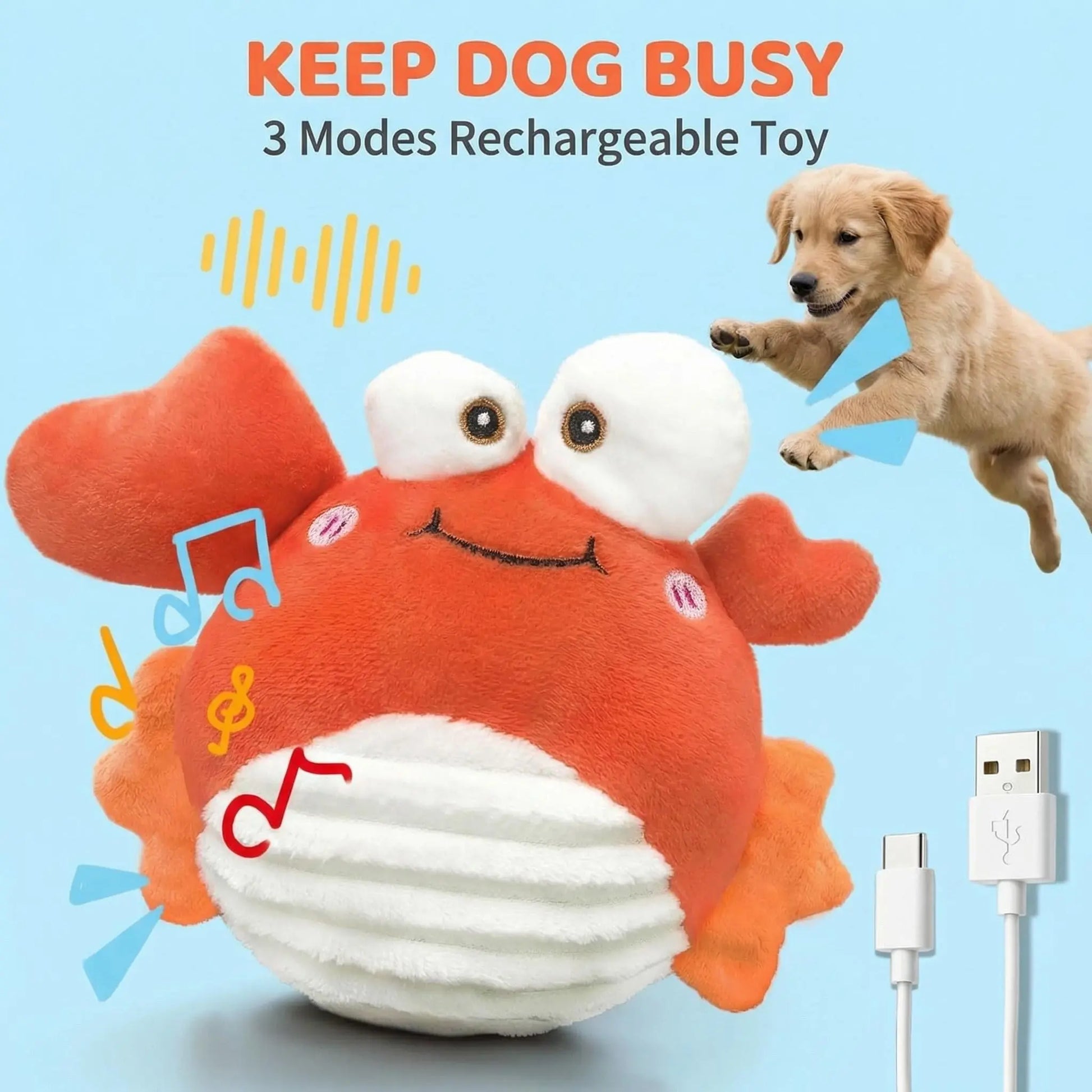 GUKCO Interactive Crab Dog Toy – Rechargeable Self-Play Device with Motion-Activated Ball and Three Modes (Music/Silent/Record) for Small to Medium Dogs, Alleviates Separation Anxiety and Aids in Puppy Teething