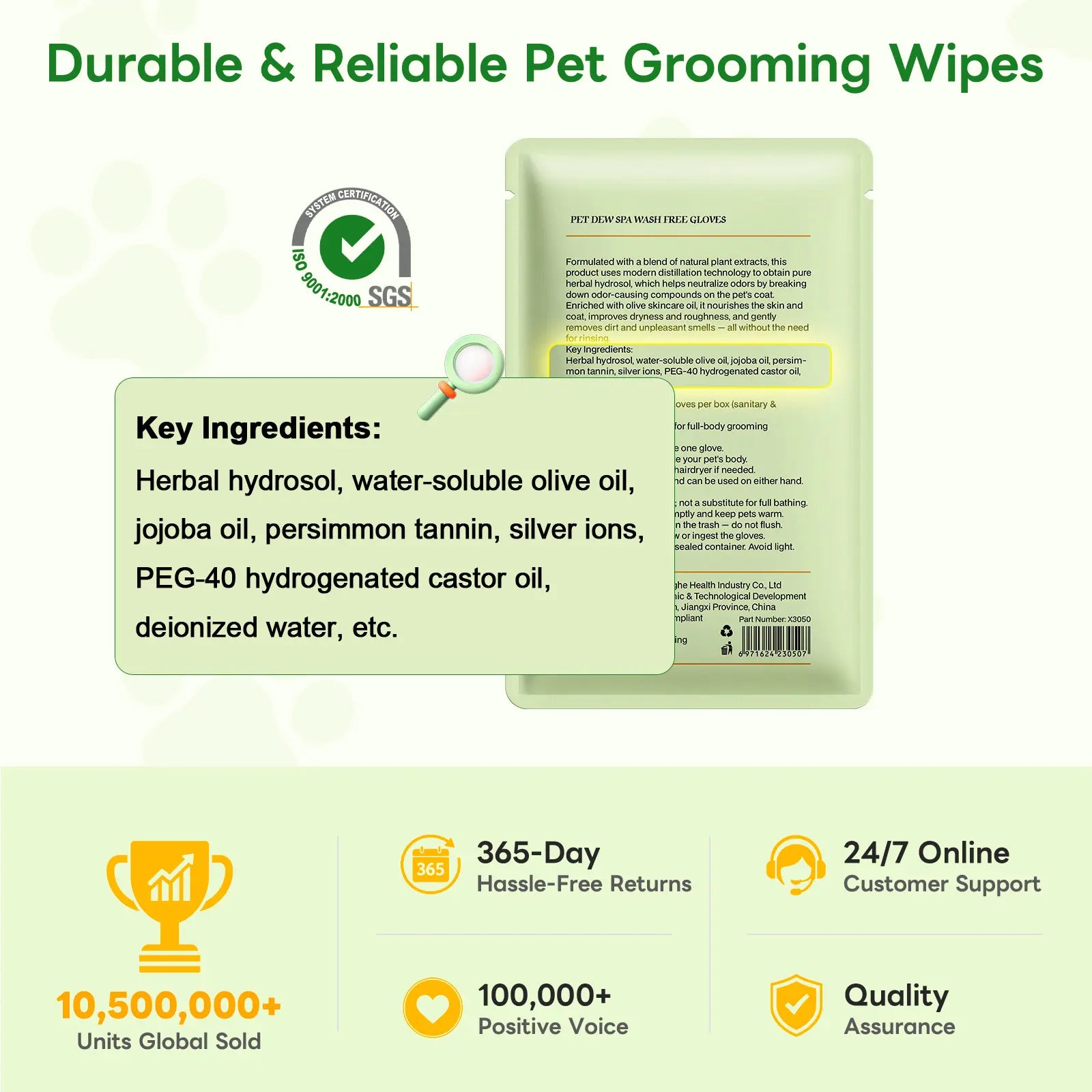 Professional Pet Grooming Wipes for Dogs and Cats - Waterless Bath, Hypoallergenic, Deodorizing, Extra Thick Care for Paws, Fur, Face, Ears, and Tail
