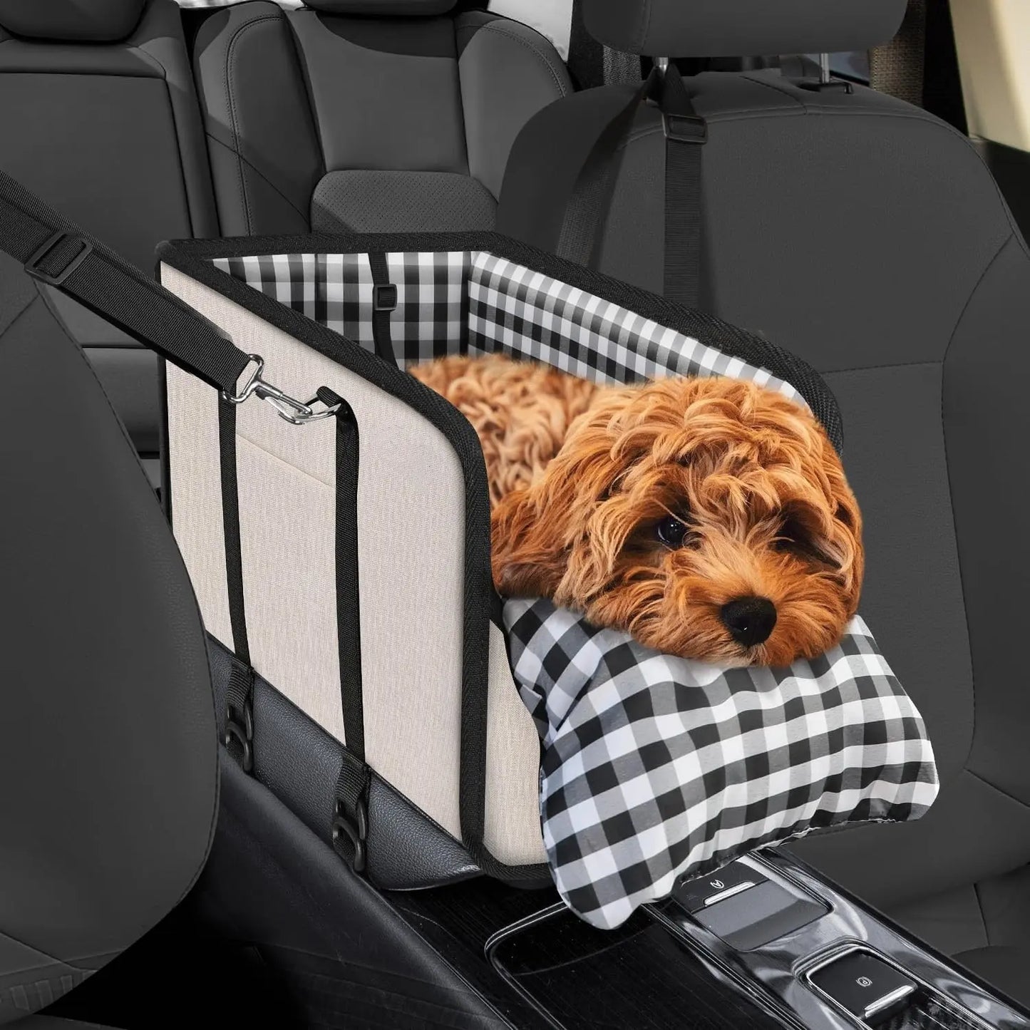 Anti-Anxiety Dog Console Car Seat with Safety Leash - Comfortable Plaid Booster Bed for Small Breeds, Washable Travel Carrier for Chihuahuas and Yorkies