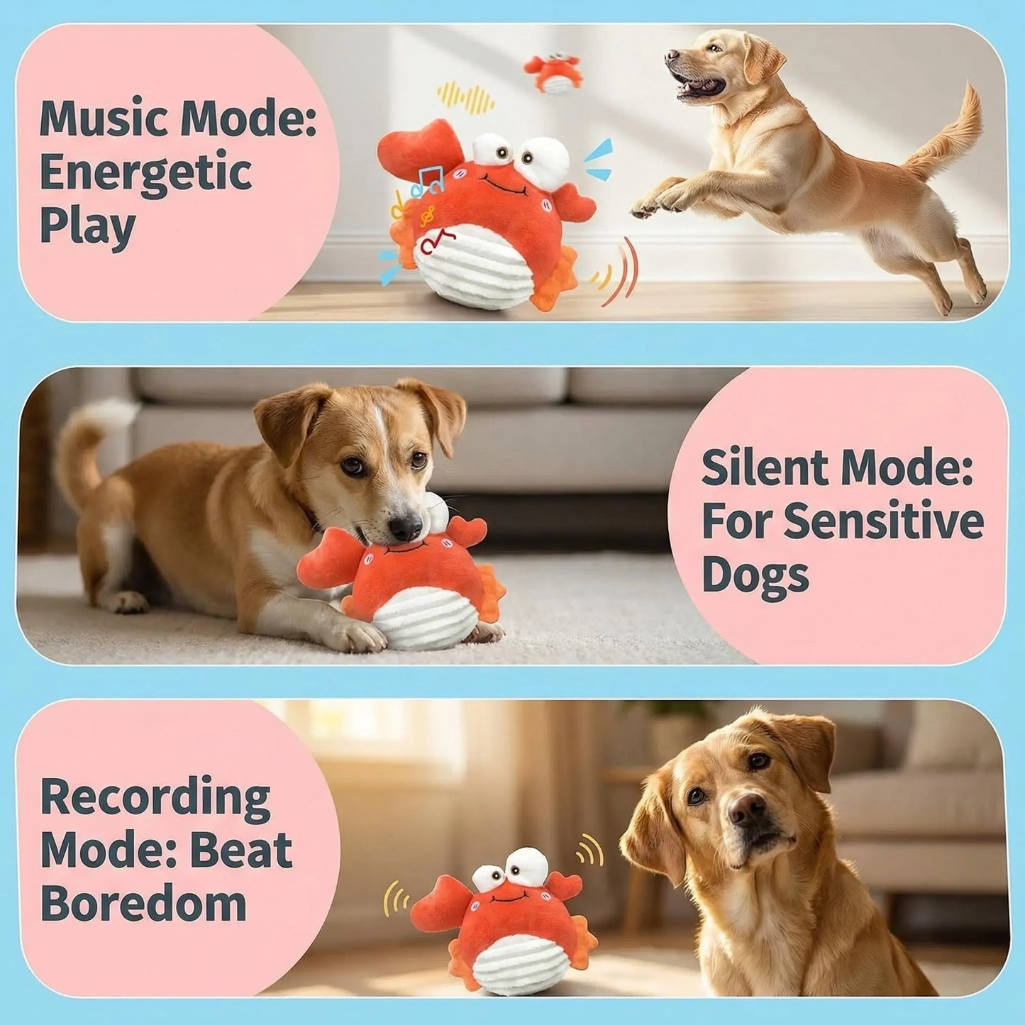 GUKCO Interactive Crab Dog Toy – Rechargeable Self-Play Device with Motion-Activated Ball and Three Modes (Music/Silent/Record) for Small to Medium Dogs, Alleviates Separation Anxiety and Aids in Puppy Teething