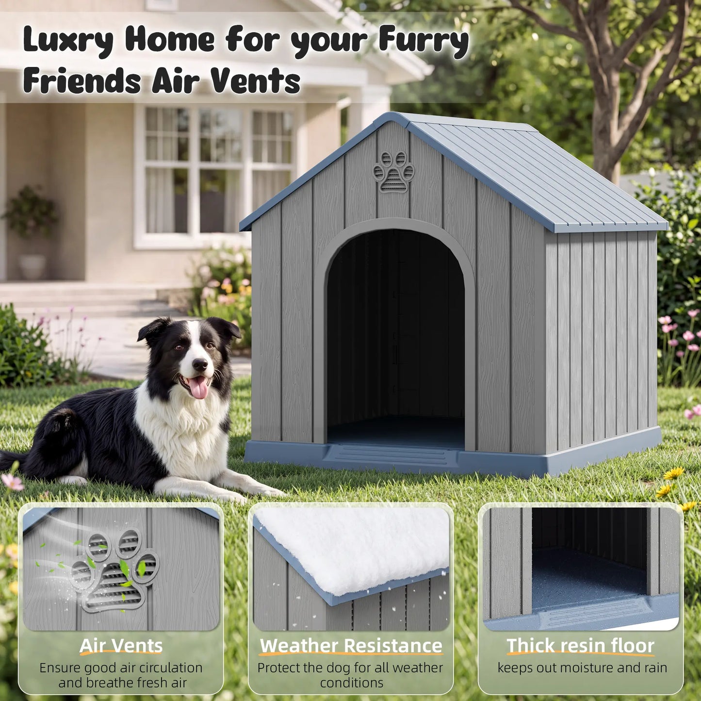 Durable Waterproof Plastic Dog House for Small to Large Dogs - Indoor/Outdoor Use with Elevated Floor, UV Resistance, Air Vents, Drainage Holes, Ground Nails, and Easy Assembly and Cleaning