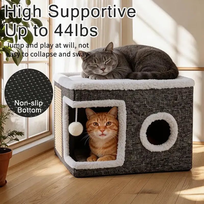 Large Indoor Cat Bed with Foldable Design, Soft Cat Cave Hideaway for Kittens and Adult Cats, Includes Sisal Scratch Pad and Hanging Fluffy Ball, 16.5" x 16.5" x 14", Grey