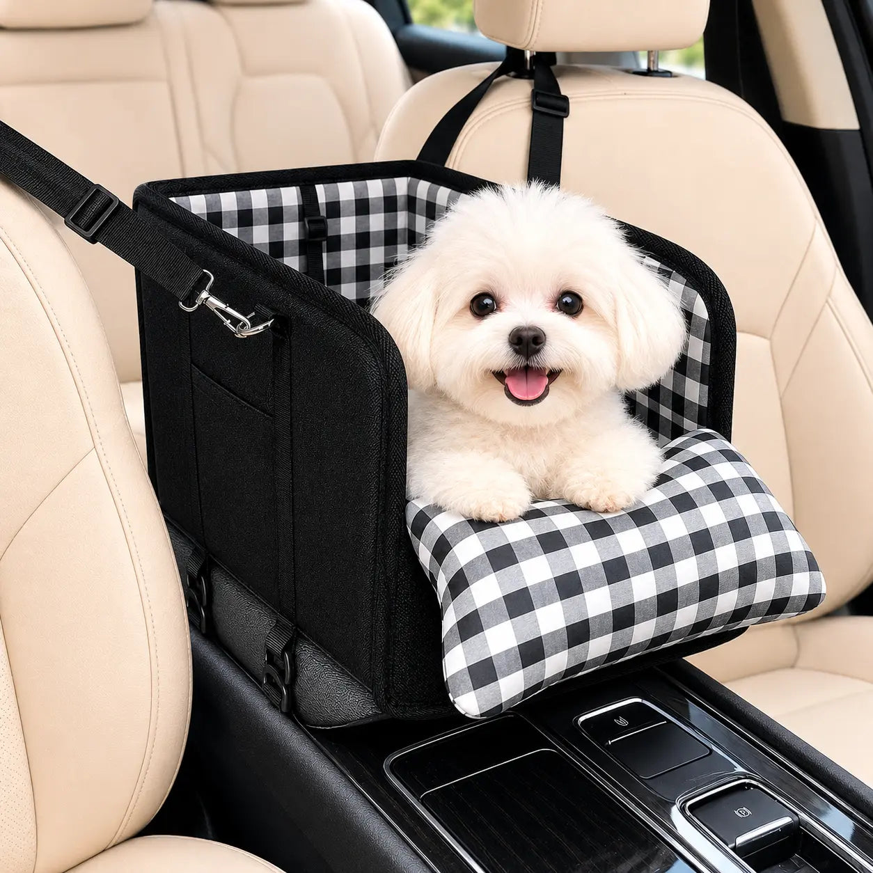 Anti-Anxiety Dog Console Car Seat with Safety Leash - Comfortable Plaid Booster Bed for Small Breeds, Washable Travel Carrier for Chihuahuas and Yorkies