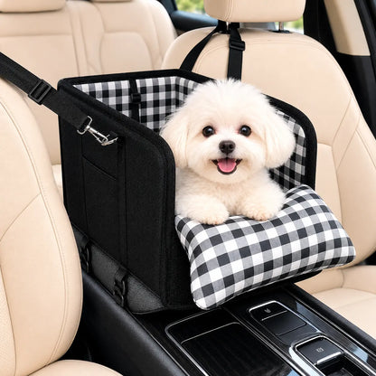 Anti-Anxiety Dog Console Car Seat with Safety Leash - Comfortable Plaid Booster Bed for Small Breeds, Washable Travel Carrier for Chihuahuas and Yorkies