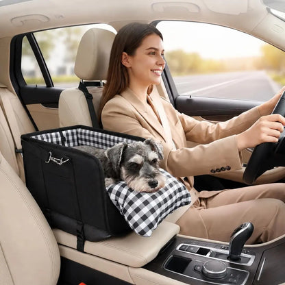 Anti-Anxiety Dog Console Car Seat with Safety Leash - Comfortable Plaid Booster Bed for Small Breeds, Washable Travel Carrier for Chihuahuas and Yorkies