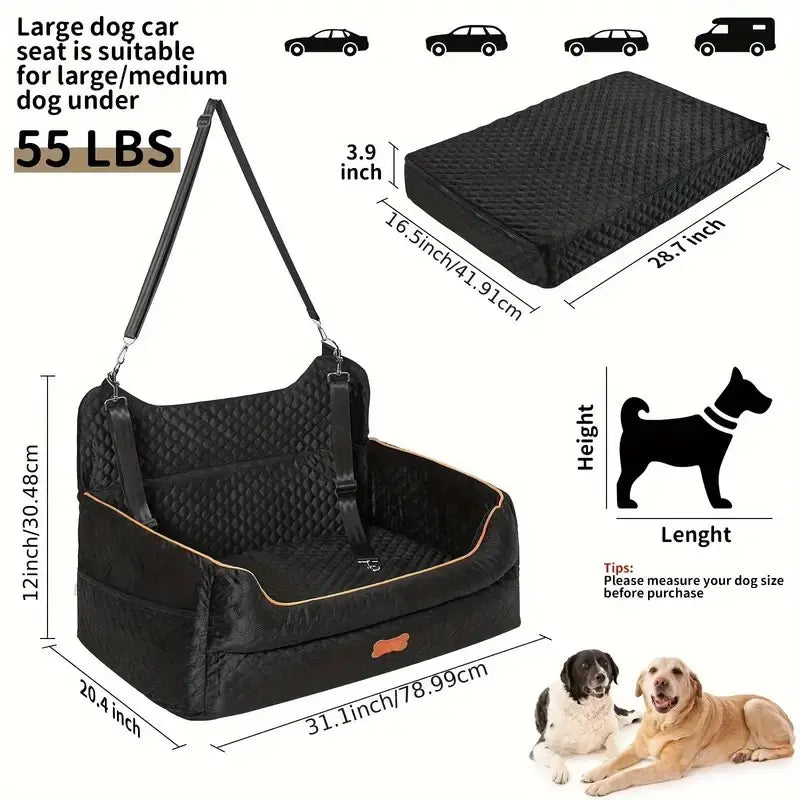 Premium Dog Car Seat for Large and Medium Breeds, Comfortable Booster Bed for Back Seat, Fully Detachable and Washable with Thick Cushion for Travel Comfort