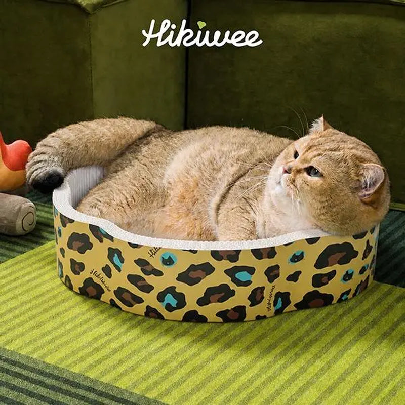 Hikiwee Original Design Scratch-Resistant Cat Bed - Available in Leopard Print, Art Deco, Mint Chocolate, and Floral Styles - Made from Non-Toxic, Odor-Free, High-Density Wood Pulp Corrugated Cardboard, Individually Sealed for Safe Comfort and Guaranteed Freshness