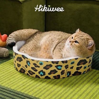 Hikiwee Original Design Scratch-Resistant Cat Bed - Available in Leopard Print, Art Deco, Mint Chocolate, and Floral Styles - Made from Non-Toxic, Odor-Free, High-Density Wood Pulp Corrugated Cardboard, Individually Sealed for Safe Comfort and Guaranteed Freshness