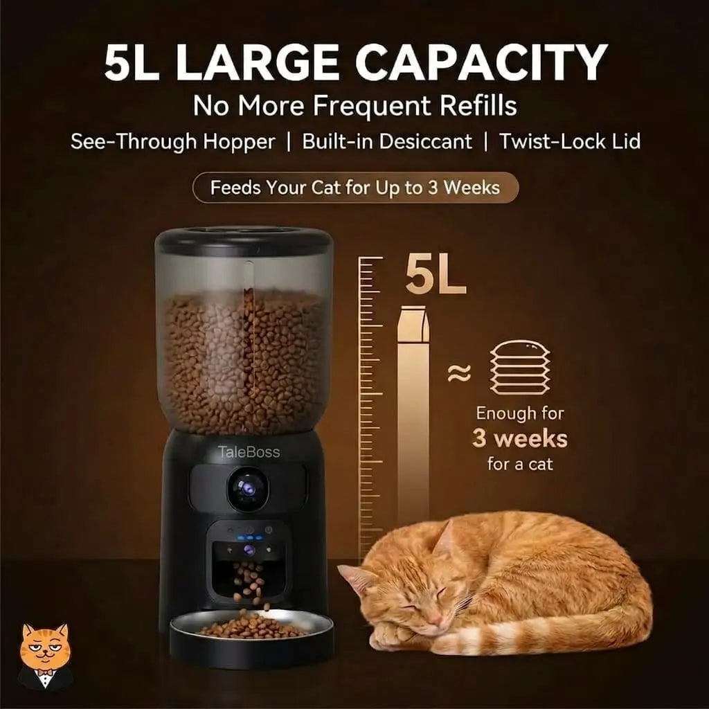 Taleboss 5L Smart Wi-Fi Automatic Pet Food Dispenser with Dual HD Cameras, 130° Wide Angle, Night Vision, Icam365 App Control, Two-Way Audio, Interactive Feeding Tray, Play Teaser Toy, and Training Accessories for Indoor Cats