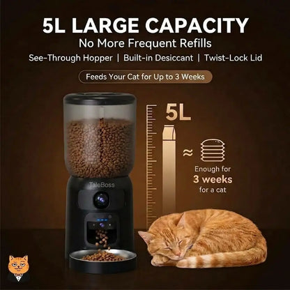Taleboss 5L Smart Wi-Fi Automatic Pet Food Dispenser with Dual HD Cameras, 130° Wide Angle, Night Vision, Icam365 App Control, Two-Way Audio, Interactive Feeding Tray, Play Teaser Toy, and Training Accessories for Indoor Cats