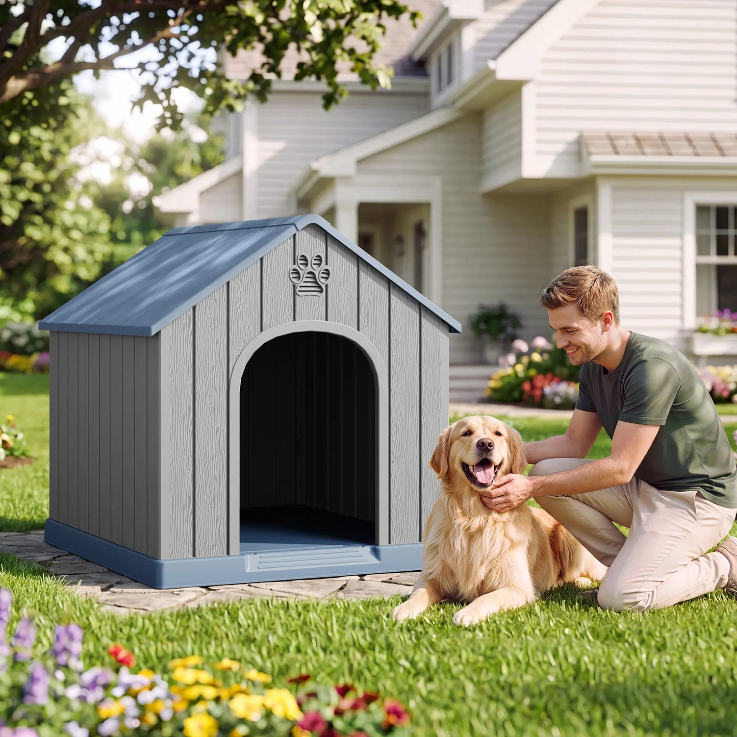 Durable Waterproof Plastic Dog House for Small to Large Dogs - Indoor/Outdoor Use with Elevated Floor, UV Resistance, Air Vents, Drainage Holes, Ground Nails, and Easy Assembly and Cleaning