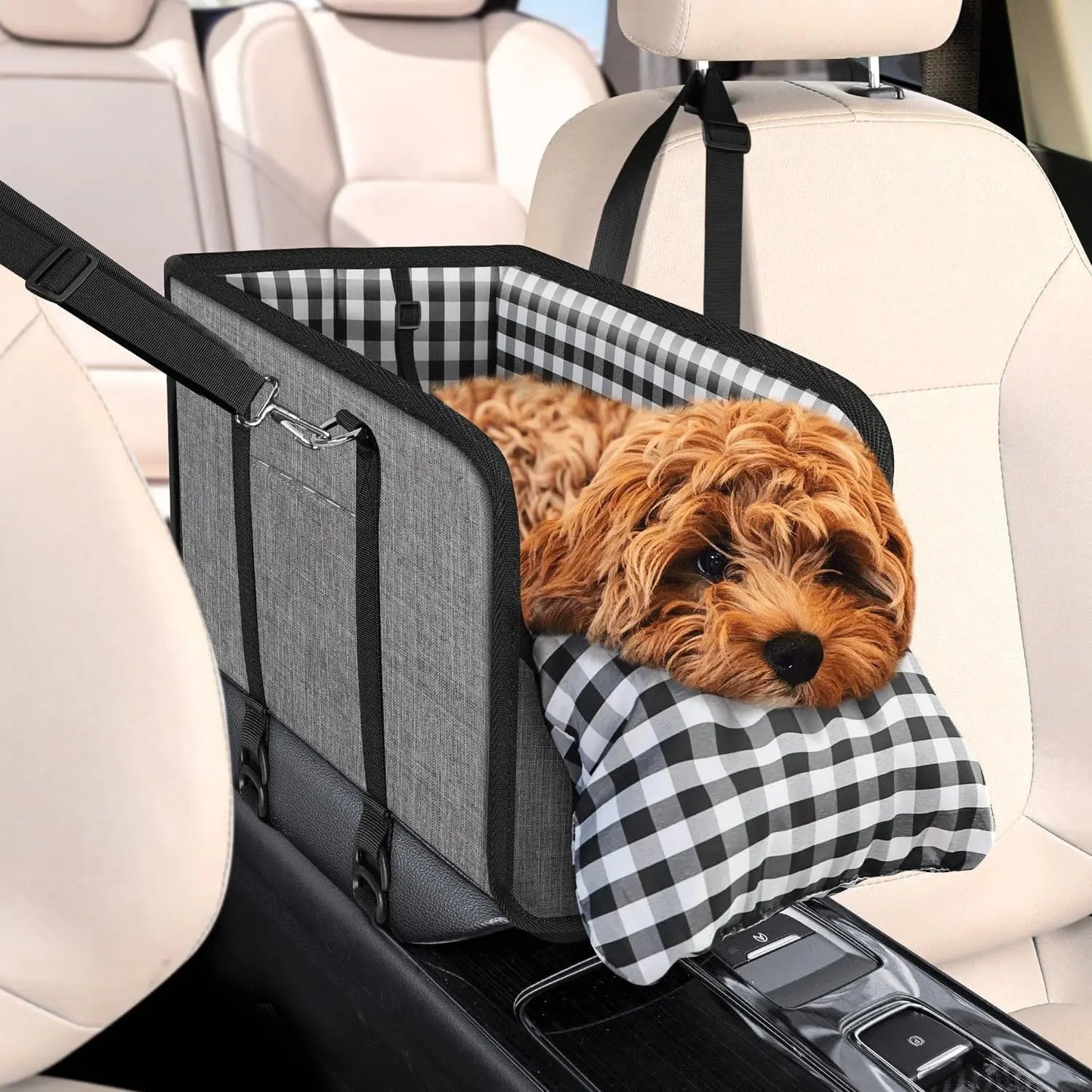 Anti-Anxiety Dog Console Car Seat with Safety Leash - Comfortable Plaid Booster Bed for Small Breeds, Washable Travel Carrier for Chihuahuas and Yorkies