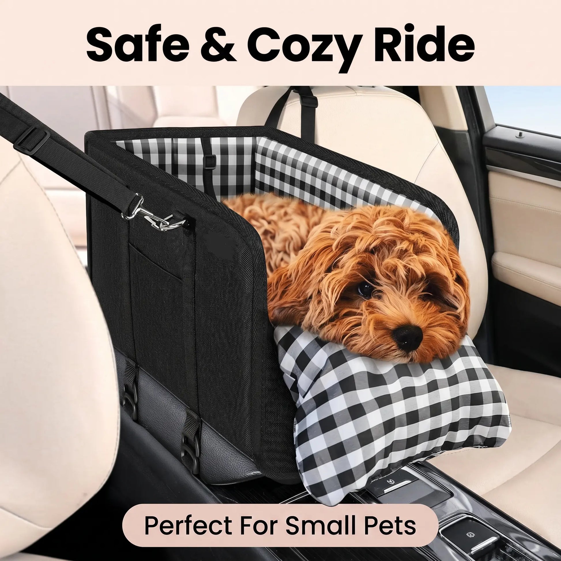 Anti-Anxiety Dog Console Car Seat with Safety Leash - Comfortable Plaid Booster Bed for Small Breeds, Washable Travel Carrier for Chihuahuas and Yorkies