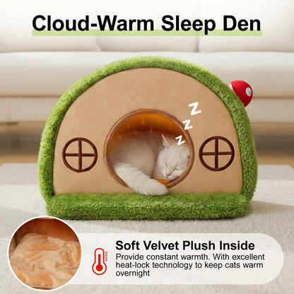 Crystal Velvet Enclosed Cat Bed with Removable Washable Cushion and Non-Slip Base for Indoor Cats
