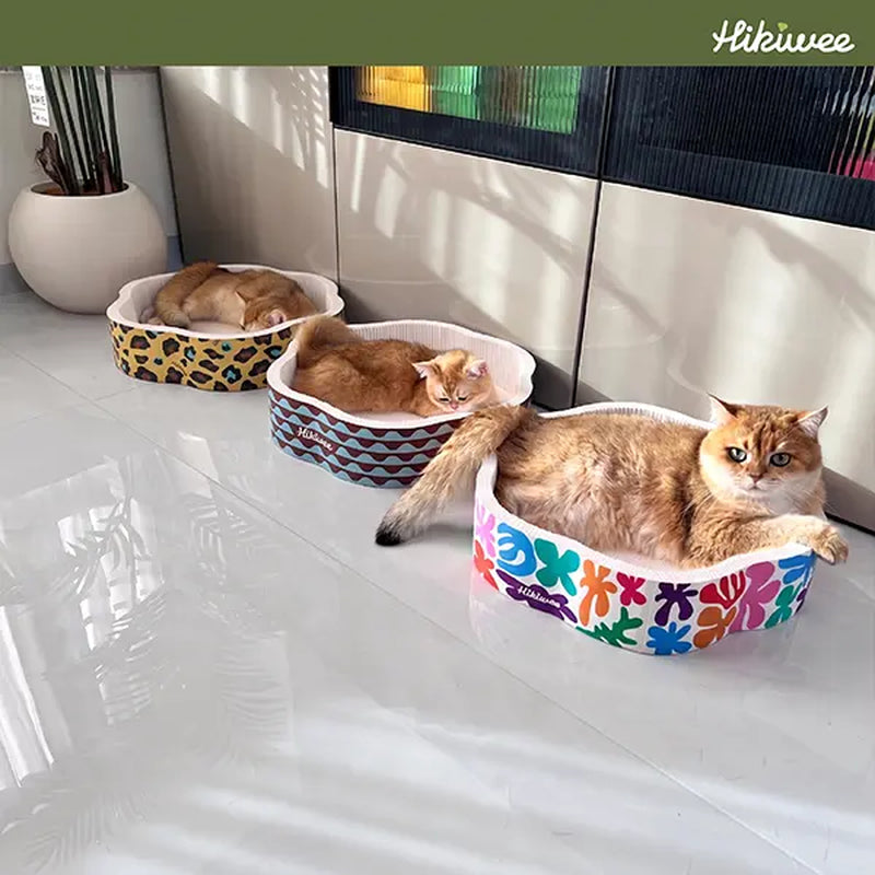 Hikiwee Original Design Scratch-Resistant Cat Bed - Available in Leopard Print, Art Deco, Mint Chocolate, and Floral Styles - Made from Non-Toxic, Odor-Free, High-Density Wood Pulp Corrugated Cardboard, Individually Sealed for Safe Comfort and Guaranteed Freshness