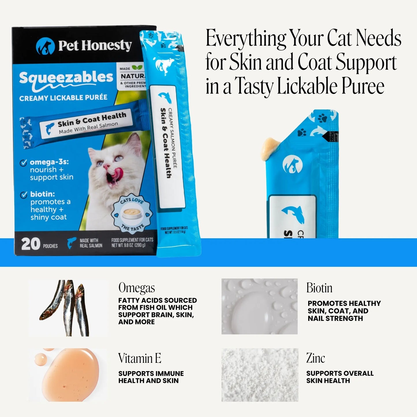 Pet Honesty Squeezables Skin & Coat Health Lickable Supplement for Cats - 20 Pouches