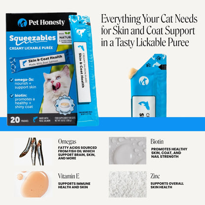 Pet Honesty Squeezables Skin & Coat Health Lickable Supplement for Cats - 20 Pouches
